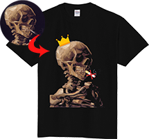美術館絵画ゴッホの「火の付いたタバコをくわえた骸骨」Tシャツ